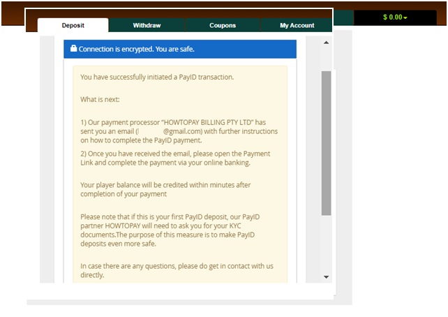 PayID transaction at online casino